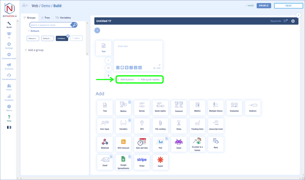 Add Text: Convert to Button or Quick Replies